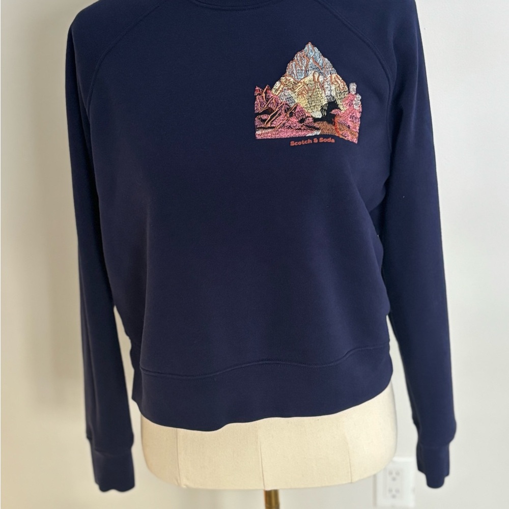 Scotch & Soda Dark Blue Crew Neck Sweater with Embroidered Design